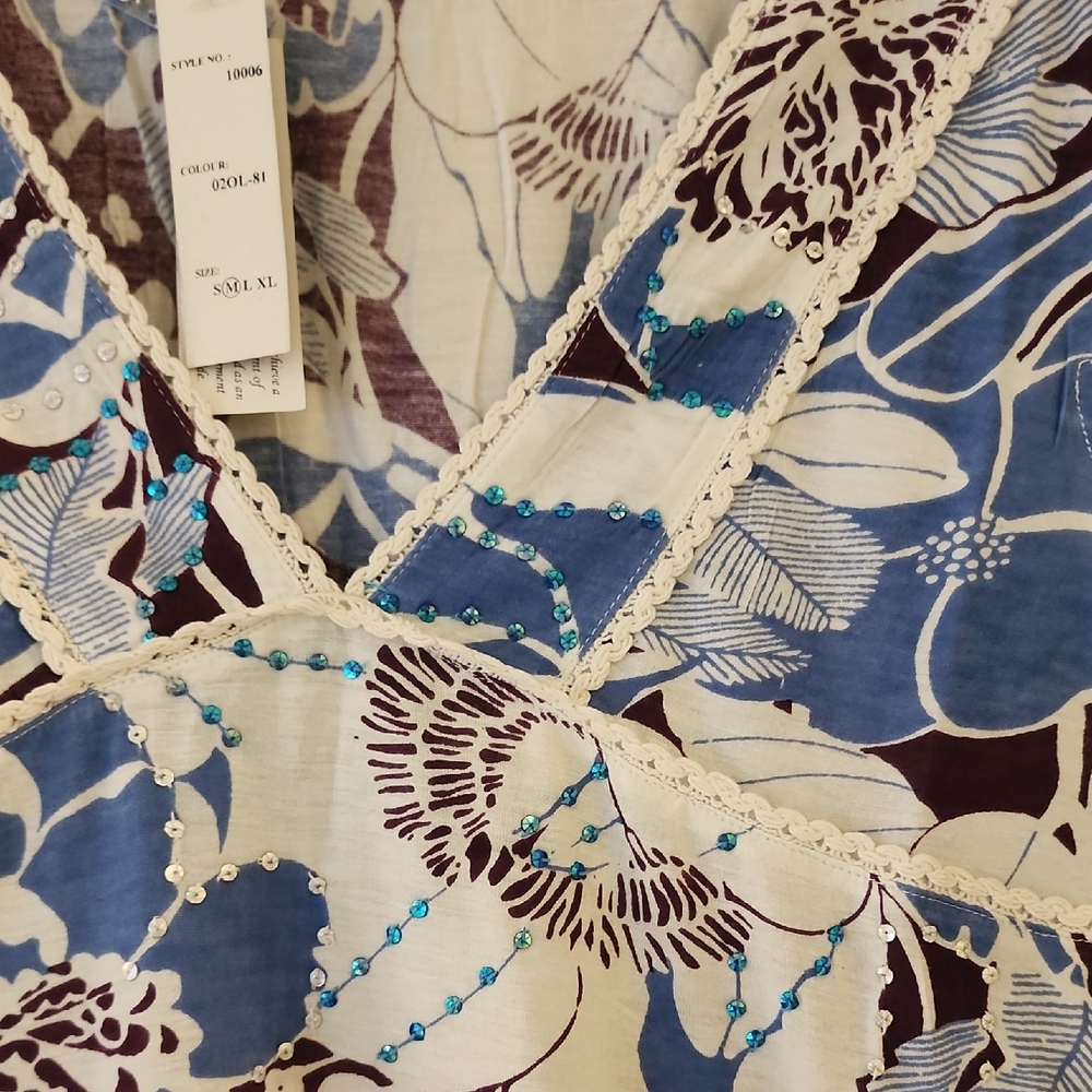 Floral Blue and White Ruched Sundress with Flutter Cap Sleeves - Picture 2 of 5